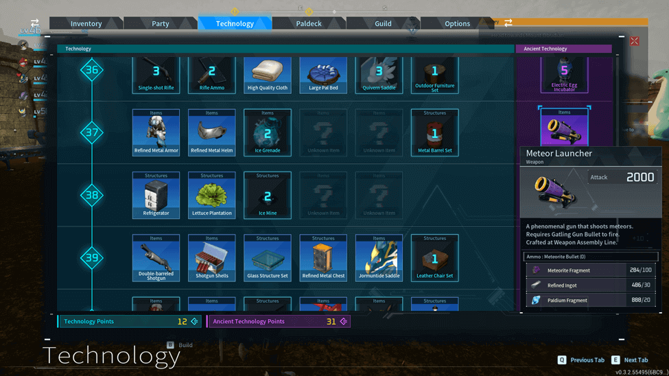 reached Level 37 in Palworld and unlocked Meteor Launcher