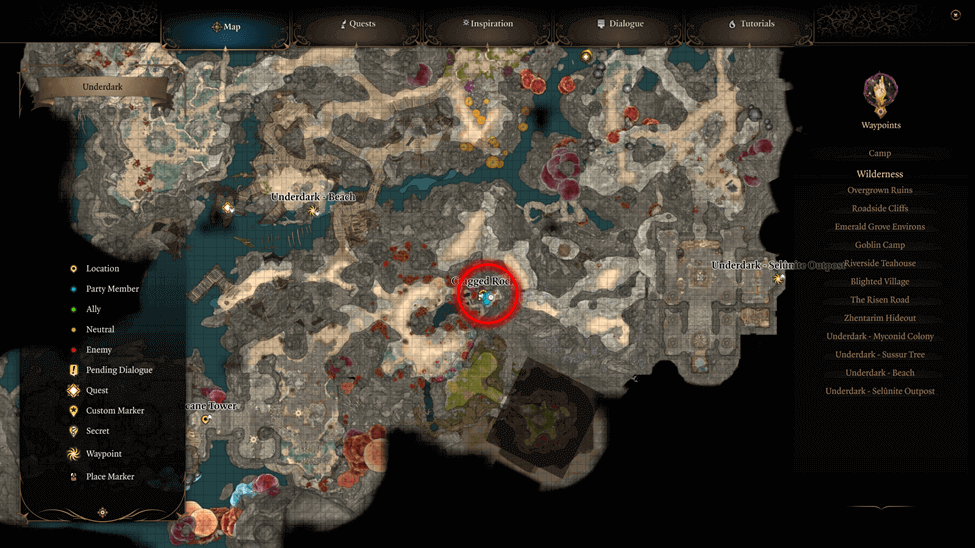 Festering Cove Location map in the underdark