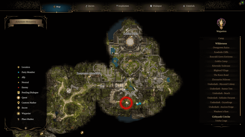 Cliff Entrance location map in the Rosymorn Monastery