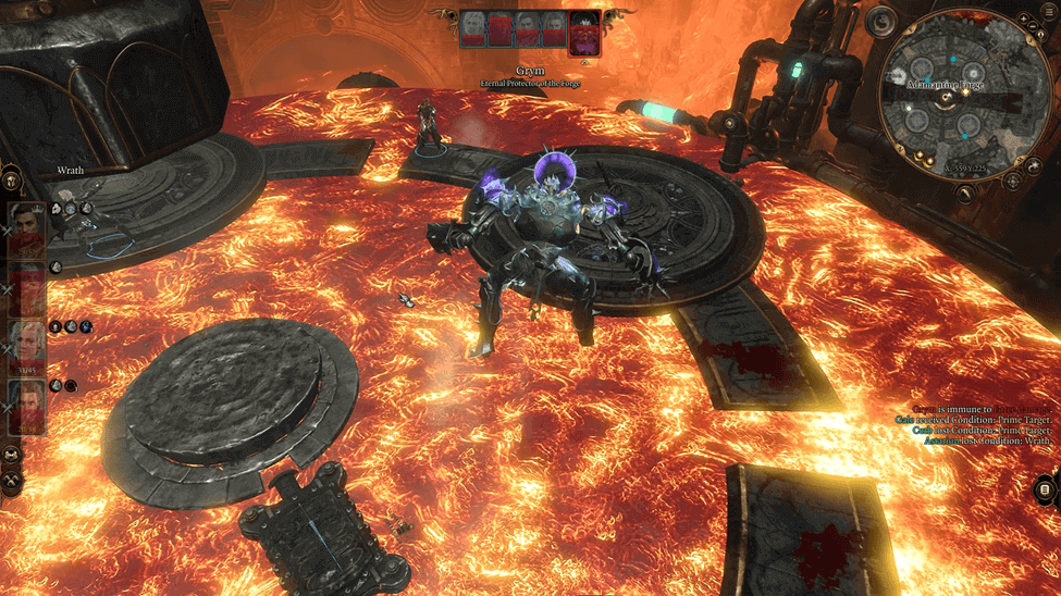 Grym steps into the lava during the fight