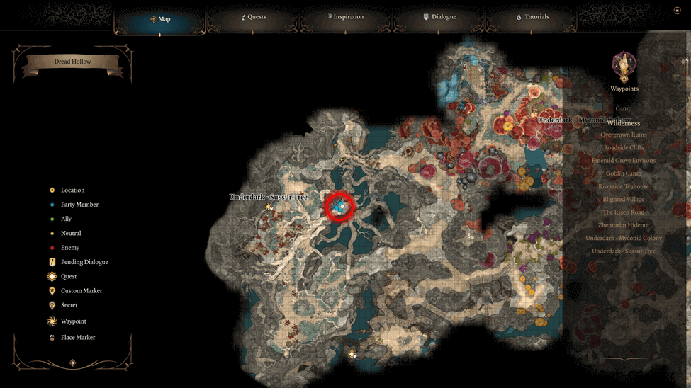 Sussur Tree Bark Location map in the Underdark