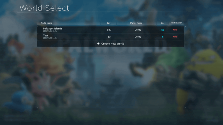 Palworld World Select Screen