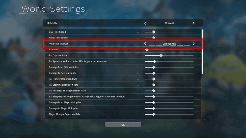 Palworld World Settings Screen