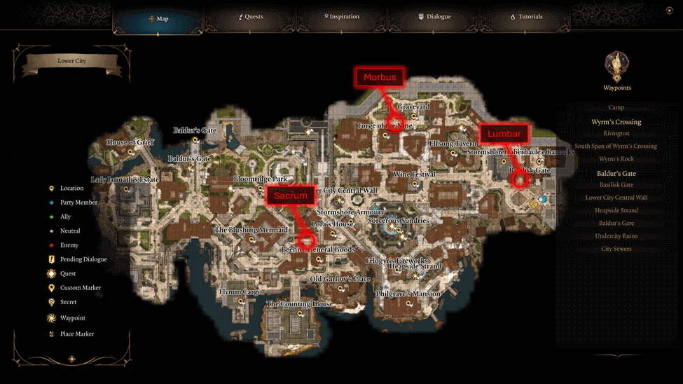 Mystic Carrion Servant Locations map in the lower city