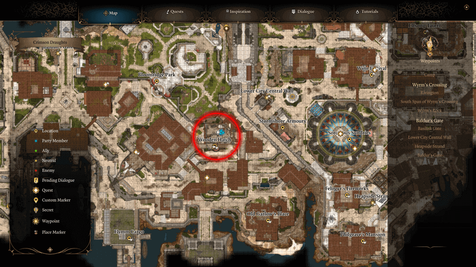 Crimson Draughts Location map in the Lower City