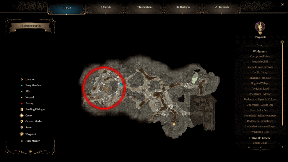 Phase Spider Matriarch Location map in the Whispering Depths