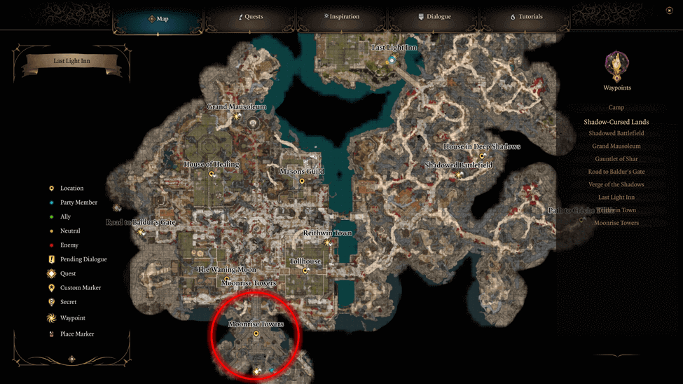 Moonrise Towers Location map in the Shadow-Cursed Lands